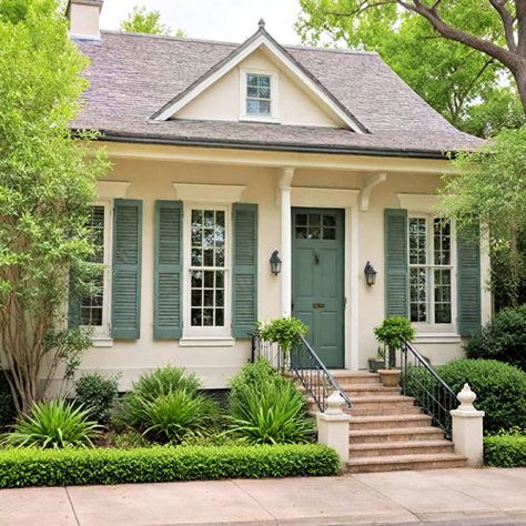 40 Exterior House Colors & Schemes for Lasting Beauty Blue House With Cream Trim, Front Door Colors With Off White House, Vinyl Shaker Siding Exterior, Best Small House Exterior Paint Colors, Craftsman Cottage Exterior Colors, Exterior House Colors Shutters, Pale Yellow House With Shutters, Ivory House Exterior Color Schemes, Halcyon Green Sherwin Williams Exterior