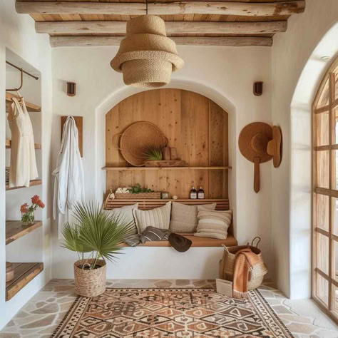 68 Coastal Bohemian Mudrooms: Where Oceanic Vibes Meet Boho Chic Bohemian Mediterranean Decor, Bohemian Mudroom, Elevated Boho Style Home, Boho Chic Beach House, Boho Mudroom Entryway, Boho Mudroom, Boho Coastal Living Rooms, Beach Entryway, Bohemian Beach House