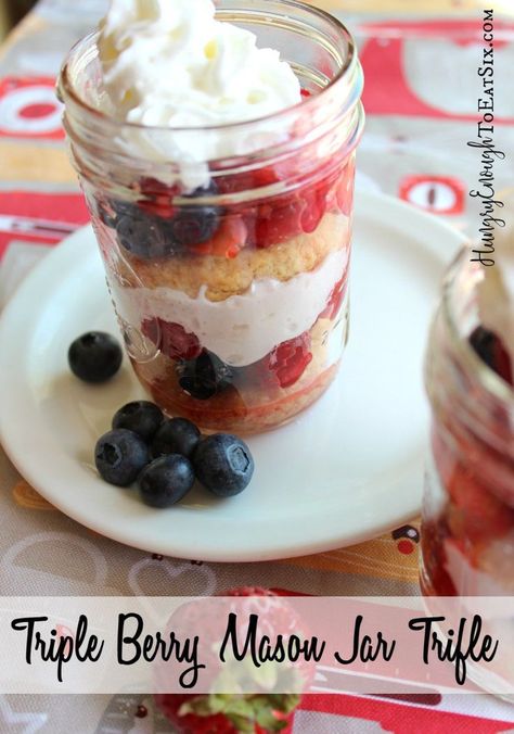 Blueberries, strawberries and raspberries are layered with rich, sweet whipped cream and homemade shortcakes. So summery and delicious! Mason Jar Trifle, Raspberry Trifle, Red White And Blue Desserts, 4th Of July Treats, Lemon And Raspberry, Jar Desserts, Mason Jar Desserts, Berry Trifle, Fig Cake