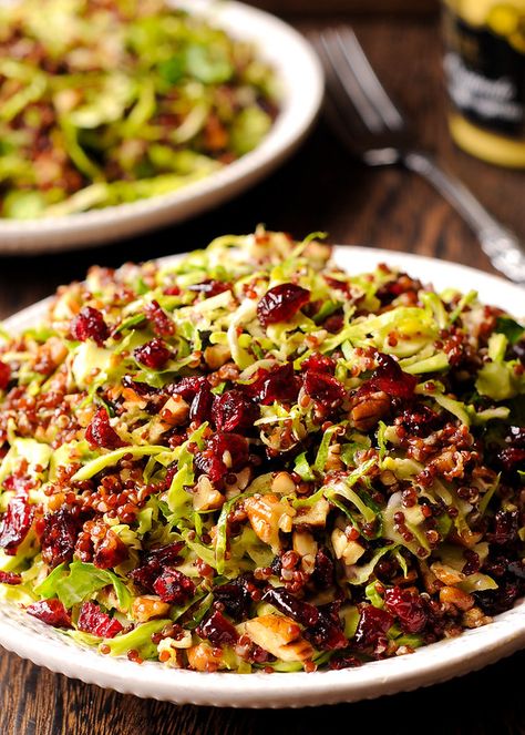 Shaved Brussel Sprout Salad, Warm Salad Recipes, Shaved Brussel Sprouts, Brussels Sprout Salad, Crispy Quinoa, Mustard Vinaigrette, Honey Mustard Vinaigrette, Sprout Salad, Shredded Brussel Sprouts