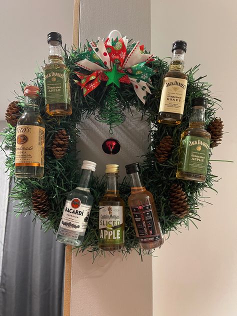 Booze Christmas Tree, Alcohol Christmas Basket, Mini Alcohol Christmas Tree, Mini Liquor Bottle Christmas Tree, Liquor Store Christmas Decorations, Alcohol Christmas Tree, Mini Drink Gift Ideas, Alcohol White Elephant Gifts, Liquor Ornaments