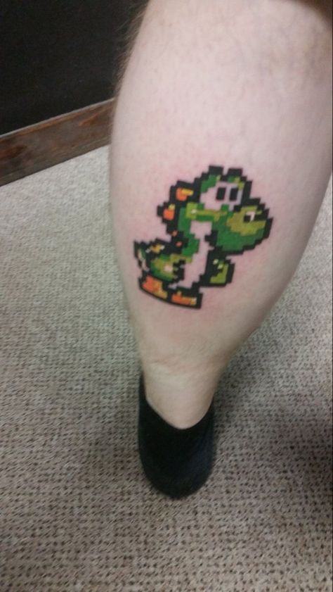 Small Yoshi Tattoo, Yoshi Tattoo Design, Yoshi Tattoos, Yoshi Tattoo, Owls Tattoo, Yoshi Nintendo, Nintendo Tattoo, Pixel Tattoo, Cross Stitch Tattoo