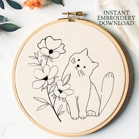 Floral Cat Hand Embroidery PDF Printable Cute Cat Hand Embroidery Pattern Cat Lover Gift Modern Embroidery Cat Hoop Art Download Pattern Kitten Embroidery Patterns, Cat Hand Embroidery, Kitten Embroidery, Printable Cute, Cat Hand, Pattern Cat, Diy Embroidery Patterns, Floral Cat, Hand Embroidery Pattern