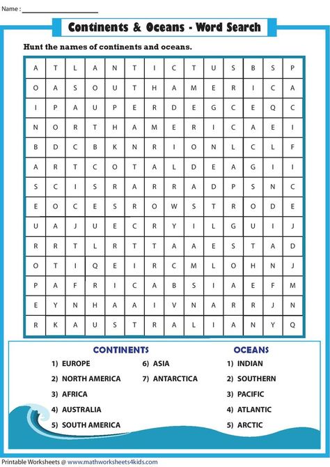 Boost the working memory and spelling skills of 4th grade and 5th grade kids with this word hunt activity, as they discover the continents and oceans in this printable word search worksheet. Download the PDF file and try the interactive worksheet at the link above! #vocabulary #vocabularyworksheets #englishlearning #worksheet #wordsearch #printablesforkids Oceans Worksheet, Ocean Words, Continents And Oceans, The Continents, Word Search Printables, Working Memory, Vocabulary Worksheets, 5th Grades, 4th Grade