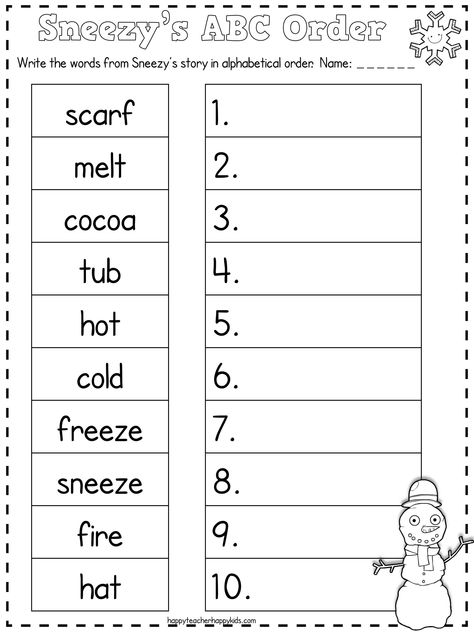 FREE Sneezy the Snowman ABC Order & Math Secret Code activities Winter Worksheets 1st Grade, Snowman Worksheet, Sneezy The Snowman Activities, Winter Cvc Words Kindergarten, Snowman Writing Kindergarten, Winter Write The Room Kindergarten Free, Alphabetical Order Worksheets, Abc Order Worksheet, Snowman Activities