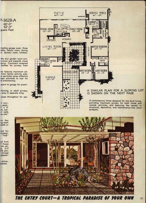 Home Building Plans, Mid Century House Plans, Vintage Floor Plans, Mid Century Modern House Plans, 3d Floor Plans, Modern Floor Plans, Courtyard House Plans, Vintage House Plans, Building Plans House