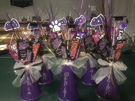 Cheer Megaphone Candy Bouquet, Megaphone Candy Bouquet, Megaphone Candy Bouquet Diy, Senior Night Gift Basket Ideas Cheerleading, Senior Night For Cheerleaders, Megaphone Cheer Gifts, Cheer Senior Night Table Didplay, Cheer Gifts Diy, Cheer Swag