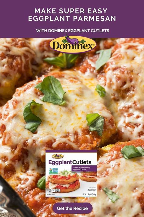 Make Eggplant Parmesan at home that will rival some of the best Italian restaurants. INGREDIENTS 1 box Dominex Eggplant Cutlets 1 jar of Pasta Sauce Shredded Mozzarella Parmesan Cheese DIRECTIONS Preheat oven to 375° F. Coat 8" x 8" baking pan with 1/2 cup of marinara sauce. Add a layer of Dominex Eggplant Cutlets and top with another 1/2 cup of the sauce and cheeses. Repeat twice (eggplant, sauce, and cheese), ending with remaining cheese. Bake for 35 mins. (Uncover for last 15 mins) Breaded Cutlets, Eggplant Cutlets, Easy Eggplant Parmesan, Meal Starters, Cooked Shrimp Recipes, Eggplant Recipes Easy, Steak Bites Recipe, Eggplant Recipes Parmesan, Best Italian Restaurants