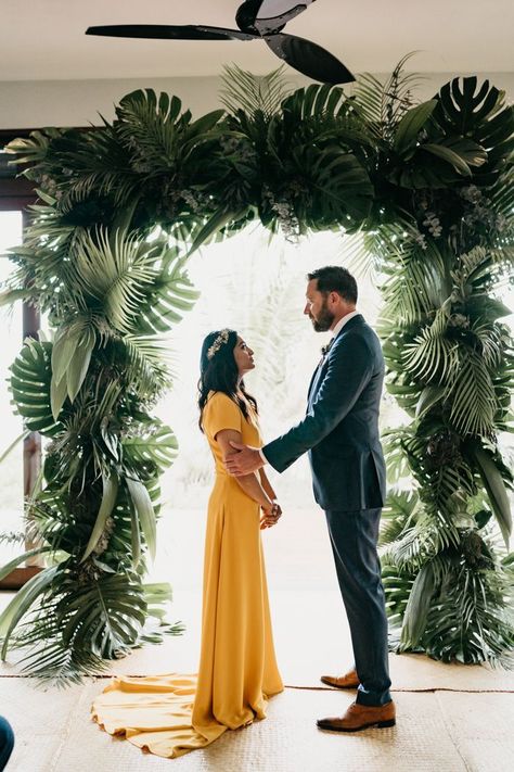 Alternative Wedding Arbour, Palm Leaf Wedding Arch, Tropical Wedding Theme Caribbean, Ring Warming, Ring Warming Ceremony, Yellow Wedding Inspiration, Jungle Wedding, Nontraditional Wedding Dress, Tulum Wedding