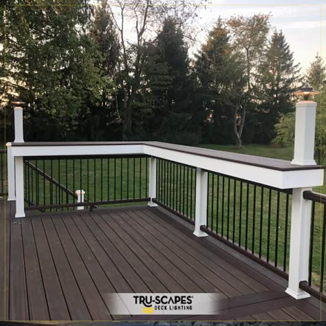 Bar Railing On Deck, Bar Ledge On Deck Railing, Lights For Deck Railing, Patio Railing Ideas, Deck Fence Ideas, Drink Rail, Deck Refinishing, Deck Renovation, Deck Railing Ideas