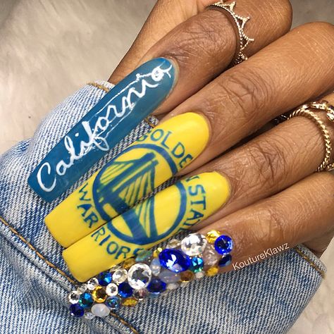 Golden state nails, nba nails, coffin nails, long nails, acrylic nails, bling nails, nail designs Warriors Nails Golden State, Golden State Warriors Nails, Nba Nails, Acrylic Nails Bling, Game Nails, Long Nails Acrylic, Sports Nails, Nails Bling, Remove Acrylic Nails