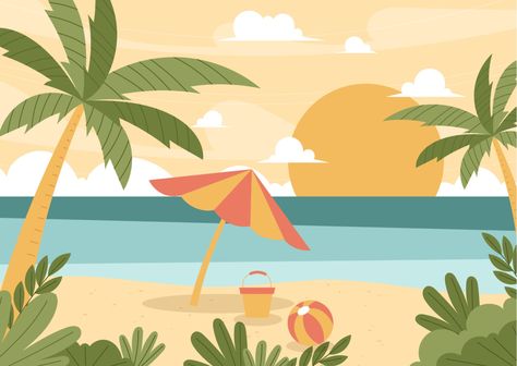 Summer Landscape Drawing, Beach Illustration Wallpaper, Beach Background Drawing, Beaches Drawing, Beach Background Landscape, Summer Beach Drawing, Beach Illustration Art, Beach Animation, Summer Beach Illustration