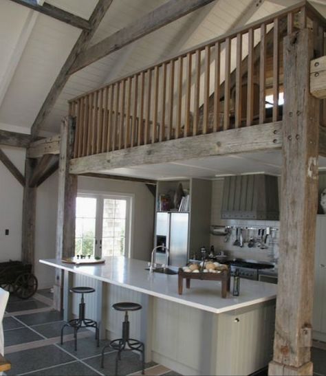 Loft above kitchen. Love the huge island/bar! Barn House Interior, Barn Loft, Rustic Loft, Barn Living, Pole Barn House Plans, Barn Interior, Casa Vintage, Barn Style House, Metal Building Homes