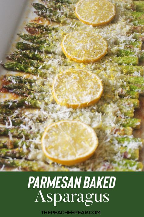 Asparagus covered with cheese and lemon slices on a white platter. Baked Asparagus With Parmesan Cheese, Asparagus With Parmesan Cheese, Crisp Asparagus, Parmesan Asparagus Baked, Nye Food, Parsnip Fries, Kids Lunch Box Meals, Asparagus Recipes Baked, Slow Cooker Chicken Thighs