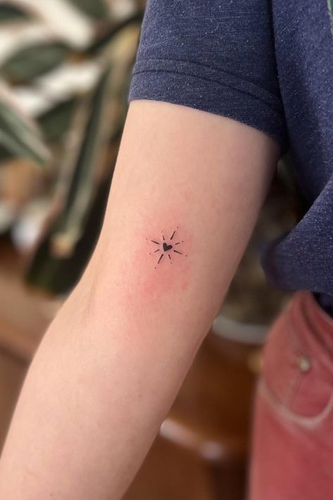 35 Hot Small Star Tattoo Design Ideas Small Tattoo Moon And Star, Heart Tattoo With Sparkles, Made Of Stars Tattoo, Tiny Starburst Tattoo, Tattoo Sparkle Stars, Small North Star Tattoos, Small Star Cluster Tattoo, Simple Star Tattoo Design, Star Tattoo Ideas Female