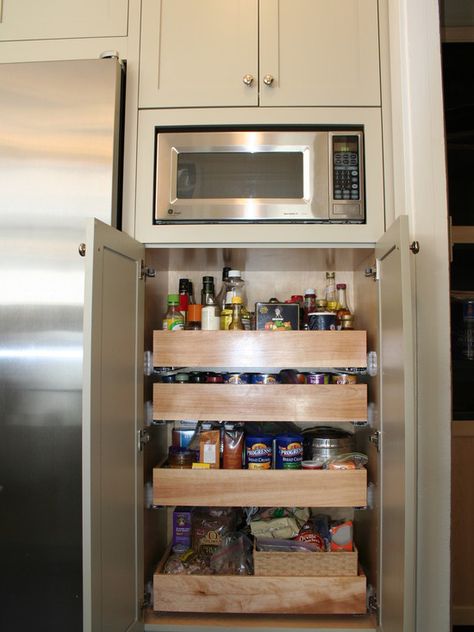 Kitchen Microwave Storage Design, over small pantry Microwave In Pantry, Pantry Redo, Microwave Storage, No Pantry Solutions, Microwave Cabinet, Microwave Shelf, Kitchen Transitional, Kitchen Improvements, Pantry Shelving