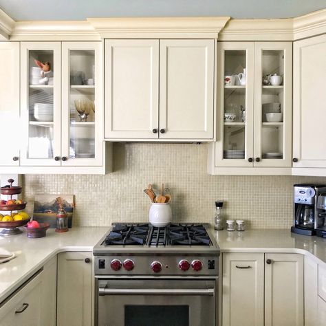 Small kitchen with exhaust fan hidden up inside cabinetry rather than large hood dominating the space. Wolf stove, BM Seaspray cabinetry Kitchen Stove Exhaust Hoods, Hidden Exhaust Hood Kitchen, Hidden Stove Hood, Cabinet Over Range, Oven Exhaust Hood, Stove Placement In Kitchen, Exhaust Fan Kitchen Stove Hoods, Small Kitchen Range Hood Ideas, Kitchen Exhaust Fan Ideas Stove Hoods