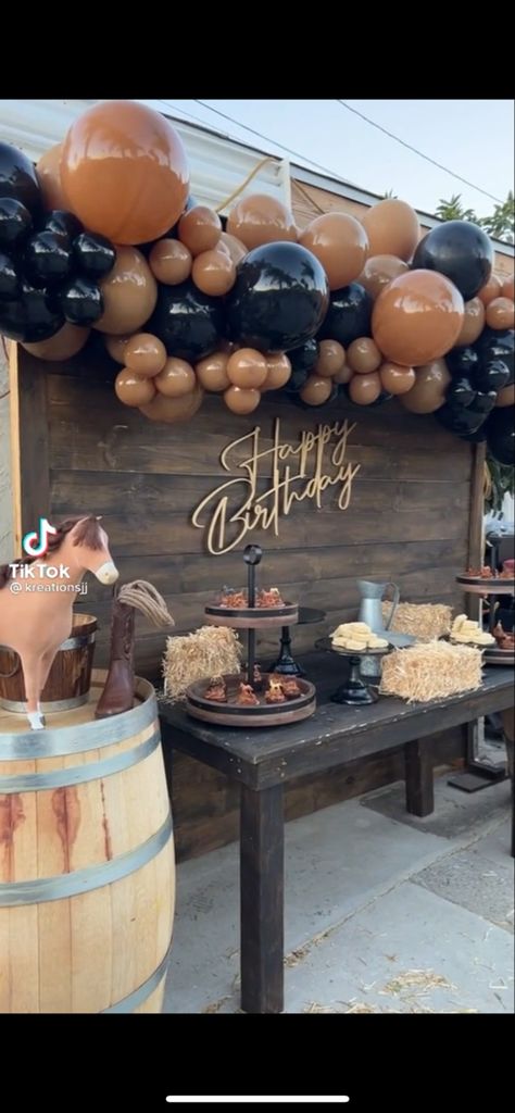 35th Themed Birthday Party, Black And Brown Party Decorations, 21st Birthday Ideas Western, Cowboy Birthday Party Outfit, Western 50th Birthday For Men, Western Party Decorations For Men, Western Birthday Party Adult, Vaquero Party Ideas, Hoedown Outfits