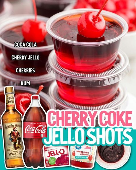 Cherry Coke Jello Shots Cherry Coke Jello Shots, Cherry Coke Jello, Coke Jello, Cherry Jello Shots, Rum Jello Shots, Best Jello Shots, Coca Cola Cherry, Christmas Jello Shots, Jello Pudding Shots