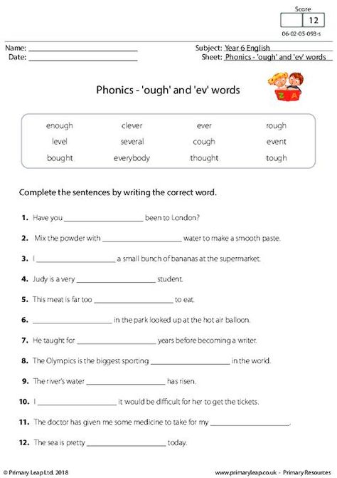 Literacy: Phonics - 'ough' and 'ev' words | Worksheet | PrimaryLeap.co.uk Ough Words Worksheets, Ough Words, Worksheet For Nursery Class, Antonyms Worksheet, Classroom Libraries, 2nd Grade Reading Comprehension, Maths Worksheet, Nursery Worksheets, Words Worksheet