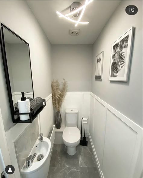 Cloakroom Toilet Downstairs Loo, Small Toilet Decor, Bathroom Panelling, Toilet Inspiration, Bathroom Remodel Small Budget, Small Downstairs Toilet, Cloakroom Toilet, Downstairs Wc, Toilet Ideas