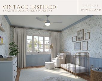 DIY a perfect nursery for your little one! Currently ON SALE for $29.25 during CYBER MONDAY SALE! Interior home design. DIY. Vintage Inspired. Unique. Nursery design. Wallpaper. Vintage Wallpaper. Baby room. Cohesive design. Simple. Elegant. One of a kind. Nursery Vintage Wallpaper, Bridgerton Themed Nursery, Light Blue Girls Nursery, Blue Vintage Nursery, Pepper Home Nursery, French Blue Nursery, Light Blue Nursery Girl, Nancy Meyers Nursery, Slate Blue Nursery