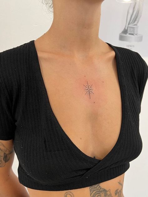 Sparkle Tattoo On Chest, Sparkle Tattoo Sternum, Sparkle Chest Tattoo Female, Word Tattoos Chest, Chest Sparkle Tattoo, Sparkle Tattoo Chest, Star On Chest Tattoo, Star Sternum Tattoo Women, Sparkle Chest Tattoo