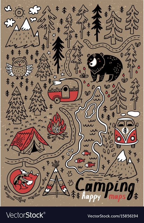 Funny Maps, Animals In The Forest, Camping Illustration, Camping Snacks, Hand Drawn Map, Drawn Map, Theme Nature, Hand Drawn Vector Illustrations, Free Art Prints