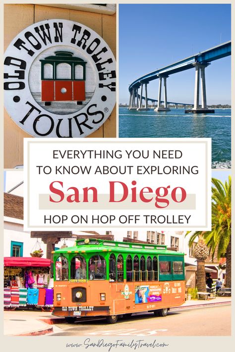 Looking for a great way to see San Diego in one day? The San Diego Hop On Hop Off Tour hits many of the top sights, including Old Town, Balboa Park, Seaport Village, Coronado Island, the San Diego Zoo, and many more! It is an easy way to get around the city and learn about its history. Here is everything you need to know about exploring San Diego on the Hop On Hop Off San Diego Old Town Trolley Tour – including free admission to several museums and attractions, and a map! San Diego Museums, San Diego Old Town, Coronado San Diego, San Diego Attractions, San Diego Hotels, San Diego City, San Diego Vacation, Old Town San Diego, Coronado Island