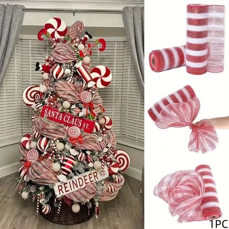 Faster shipping. Better service Pita Merah, Diy Natal, Candy Cane Decorations, Winter Wreath Diy, Diy Crafts Christmas, Red White Christmas, Ribbon Decorations, Mesh Ribbon, Christmas Gift Decorations