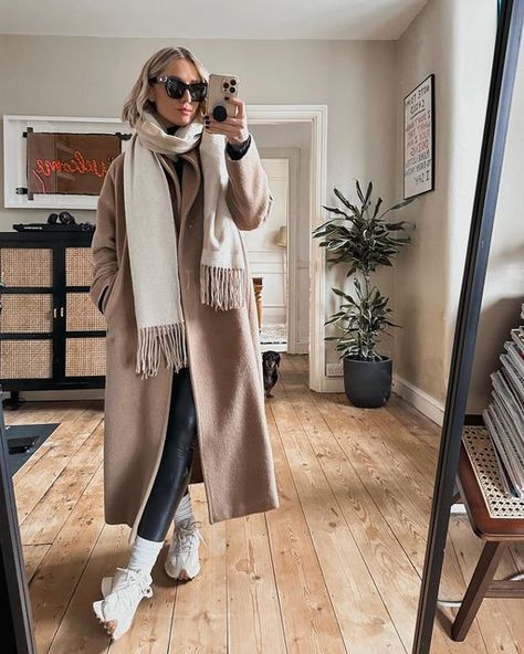 Pascale Banks on Instagram: "Moving this shot to the grid as the love for my coat in dms was crazy and im sorry if I haven’t replied yet 🙈 This was one of my best @bicestervillage purchases a couple of years ago from @maxmara definitely a piece I’ll have in my wardrobe forever 🫶🏻 Spot zigs photobombing, 🤣 * * Scarf @ganni Leggings @wearcommando Sunglasses @lespecs Trainers @newbalance Socks @sweatybetty" Trainers Socks And Leggings, Long Coat Leggings Outfit, Socks And Trainers Outfit, Maxmara Coat Outfit, Coat And Scarf Outfit, Coated Leggings Outfit, Ganni Scarf, Maxmara Coat, Sporty Chic Outfits