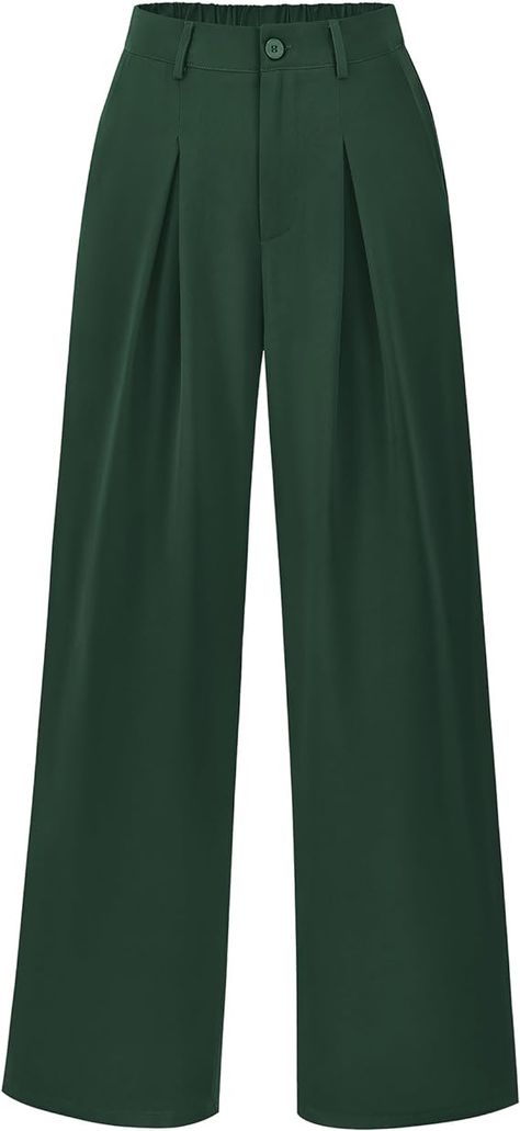 BTFBM Women's Wide Leg Long Pants Business Casual Outfits Front Pleated Trousers Pocketed Button Down Loose Slacks(Solid Green, Medium) at Amazon Women’s Clothing store Green Loose Pants Outfits, Green Office Pants, Green Trousers Outfit, Green Slacks, Pleated Slacks, Wide Leg Slacks, Pants Business Casual, Loose Pants Outfit, Women's Retreat