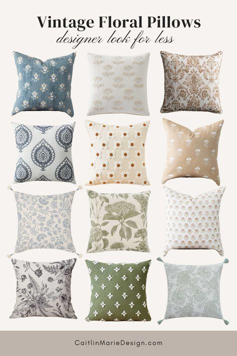 The Best Vintage Floral Pillow Covers 2023 - Caitlin Marie Design Rust Colored Throw Pillows, Block Print Pillows, Throw Pillow Combinations, Organic Living Room, Natural Throw Pillows, Block Print Pillow, Blue And White Pillows, Neutral Pillows, Block Printed Pillows