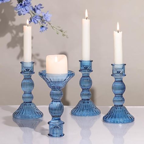 Amazon.com: DARJEN 6"H Blue Candlestick Holders Set of 4 - Taper Candle Holder for Candlesticks and Votive Candles, Vertical Stripe Glass Votive Candle Holders for Wedding, Party, Home Decor & Table Centerpieces : Home & Kitchen Blue Bridal Shower Decorations, Blue Taper Candles, Blue Table Settings, Blue Candlesticks, Blue Candle Holders, Engaged Af, Candle Table Decorations, Bridal Shower Tables, Light Blue Wedding