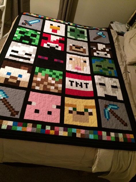 Made for one of my grandsons! Tool designs from Pinterest and block ideas fro myrainydaydesigns.com Minecraft Blanket, Minecraft Quilt, Minecraft Crochet, Minecraft Pattern, Crochet Blanket Stitch Pattern, Fun Halloween Crafts, Spring Quilts, Minecraft Birthday, Minecraft Crafts