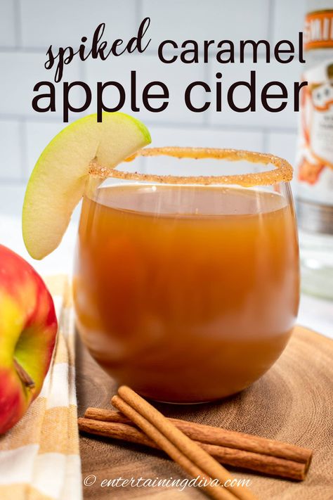 A delicious recipe for spiked apple cider with caramel vodka and spiced rum. This is the perfect drink to warm up your chilly nights this fall! Carmel Apple Cider Recipe, Spiked Caramel Apple Cider, Spiced Rum Drinks, Caramel Apple Cider Recipe, Salted Caramel Vodka, Homemade Cider, Caramel Apple Cider, Apple Cider Punch, Apple Cider Drink