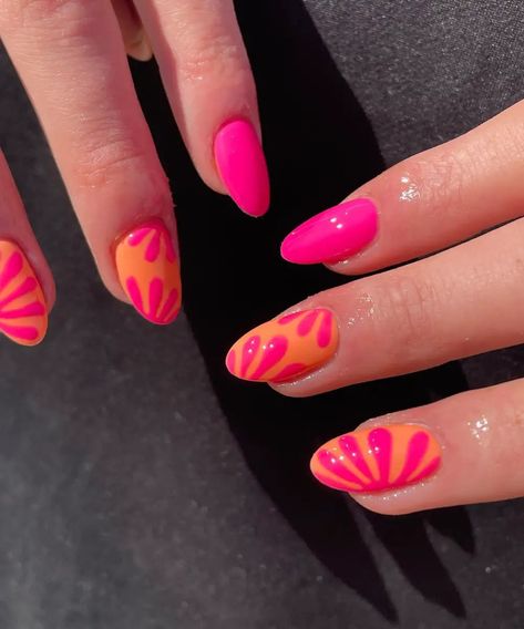 Nail Inspo Without Acrylics, Orange Trendy Nails, Trendy Vacation Nails, Bright Vacation Nails, Tropical Summer Nails, Cancun Nails, Orange And Pink Nails, Summer Nail Colors, Spring Break Nails