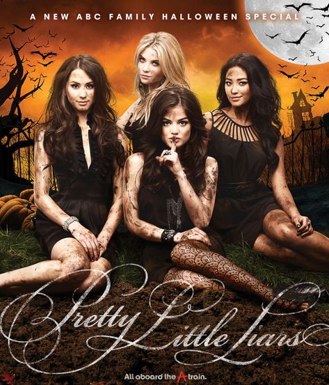 Pretty Little Liars Halloween special cover Pretty Little Liars Halloween, Halloween Episodes, Abc Family, Ashley Benson, Halloween Poster, Family Halloween, The Pretty, Pretty Little Liars, A Train