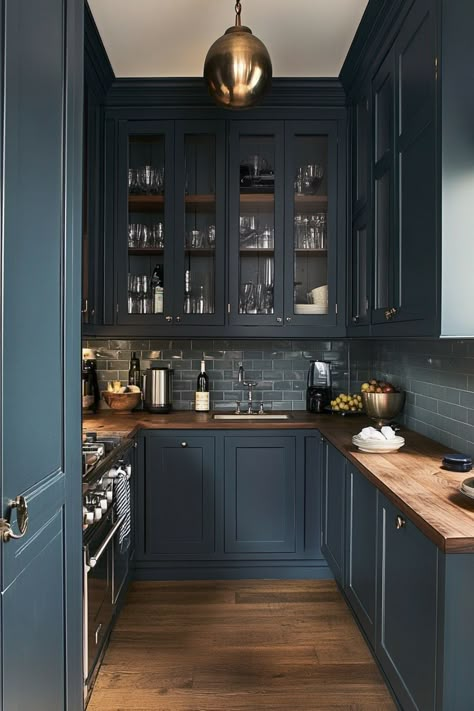 If you have a small kitchen and want to turn it into a moody space, then these tips and decor ideas are for you. Dark Blue Pantry, Behind Stove Ideas, Tile Behind Stove, Kitchen Ideas Aesthetic, Italian Modern Interior Design, Butler Pantry Ideas, Dark Blue Kitchens, Maximalist Vintage, Cupboard Organization