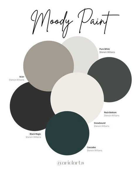 Black Paint Pallet, Black Paint Scheme, Moody Color Palette Sherwin Williams, Color Scheme With Black And White, Black Interior Paint Ideas, Black Paint Palette, Modern Industrial Paint Colors, Black Bedroom Color Palette, Moody Modern Color Palette