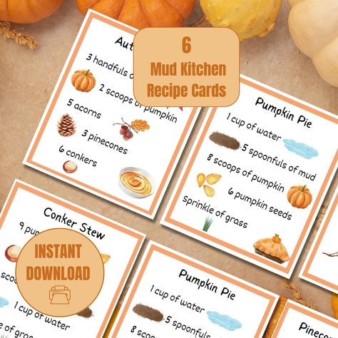 Mud Kitchen Recipe Cards, Fall / Autumn Pretend Play Cafe RECIPES for Children, DRAMATIC Sensory Play, PRINTABLES Word Shapes, Recipes For Children, Recipes Cards, Play Printables, Cafe Recipes, Play Cafe, Role Play Areas, Card Printer, Kitchen Recipe