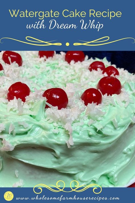 This Watergate Cake graced the table at many potlucks and family gatherings. Everyone is always eager to get their piece. Delicious and Watergate Cake Recipe, Watergate Cake, Best Old Fashioned Recipe, Water Cake, Dream Whip, Cake Mix Desserts, Crochet Tips And Tricks, Whipped Frosting, Dessert Cakes