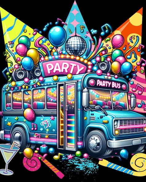 🎉🚌 Party on with our Party Bus tee! 🥳🎩 Decked out with hats and blowers, it's a celebration on wheels! 🎈🚌 Whether you're out on the town or spreading joy, this tee is your go-to statement piece! 🎉✨ 🌟 Order now and let the good times roll! 🎉🚌 Link in Bio! #PartyBusFun #ColorfulCelebration Party Bus Decorations Birthday, Wheels On The Bus Invitation Template, Wheels On The Bus Drawing, Bus Party, Wheels On The Bus Birthday Invitation, Party Bus Birthday, Wheels On The Bus, Party Bus, Aesthetic Photography Nature