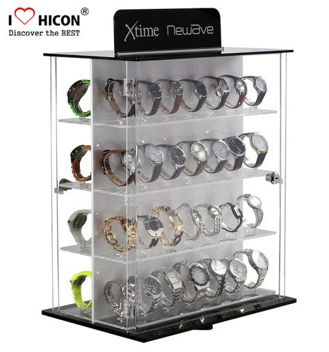 acrylic double sided watch display stand with locks from HICON POP DISPLAYS LIMITED Watch Display Ideas, Collection Display Shelves, Watch Display Stand, Cosmetics Display Stand, Watch Display Case, Clothing Store Interior, Sunglasses Display, Stand Ideas, Kiosk Design