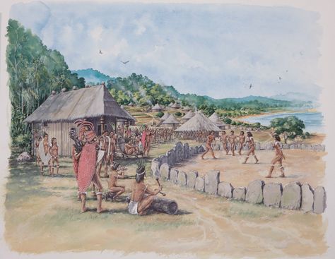 Peter Dunn,  Jamaican Taino Town, Cacique and people watch the Batey ball game. Celtic Village, National History Museum, Celtic History, Village Map, Round House, Iron Age, Village Life, Stone Age, Old Farm