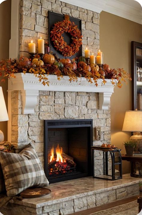 October Fireplace Decor, Electric Fireplace Fall Decor Ideas, Fall Theme Fireplace, Decorating Fireplace For Fall, Autumn Mantle Decor, Fall Decor Ideas For The Home Fireplace, Fall Mantle Decor 2024, Fall Outdoor Fireplace, Autumn Mantle Decorating Ideas