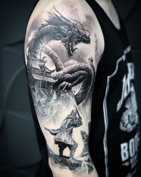 Warrior Dragon Tattoo, Dragon Tattoo Realistic, Armor Sleeve Tattoo, Viking Drawings, Ink Tattoo Design, Dragon Tattoo Arm, Viking Warrior Tattoos, Red Tattoo Ideas, Guitar Tattoo Design