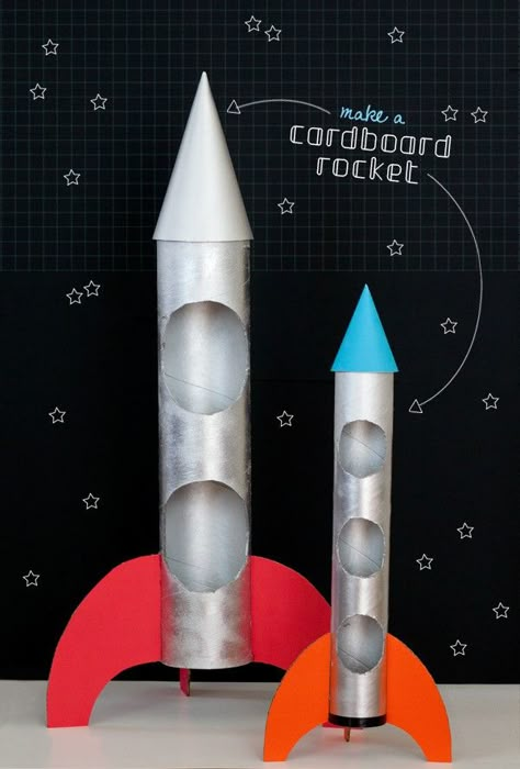 BLAST OFF WITH THESE 8 FUN WAYS TO MAKE A ROCKET Make A Rocket, Cardboard Rocket, Paper Rockets, Rockets For Kids, Party Projects, Paper Roll Crafts, Space Birthday, Space Party, Crafty Kids