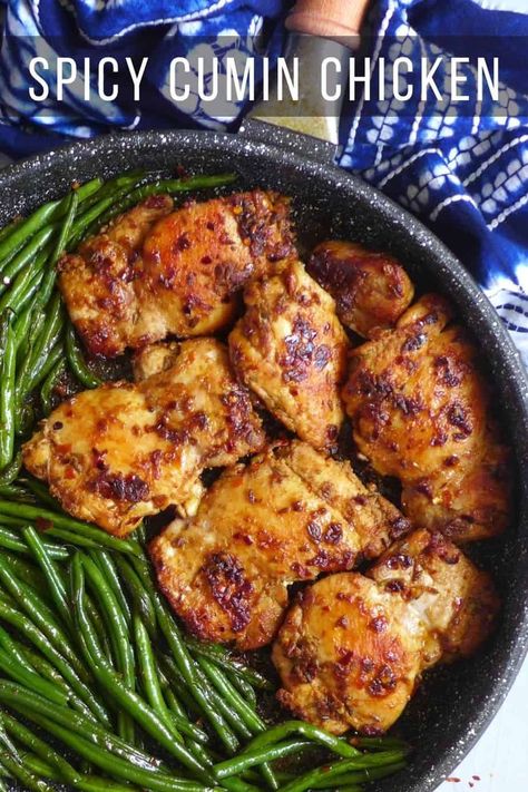 Quick to cook and difficult to fail, spicy cumin chicken thighs with green beans is inspired by a popular Chinese street food. An easy pan-fried dish full of flavour. Chicken With Cumin Recipe, Chicken Thighs And Green Beans, Cumin Chicken Recipe, Fried Chicken Thigh Recipes, Pan Fried Chicken Thighs, Cumin Recipes, Cumin Chicken, Spicy Baked Chicken, Chinese Street Food