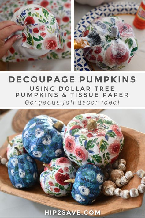 I'm not sure about you, but nothing cheers me up quite like an easy dollar store DIY project, so I'm sharing the cute and easy idea of decorating craft pumpkins using pretty tissue paper and Mod Podge decoupage paste! #diy #falldiy #homedecor #homedecordiy #decoupagepumpkin #decoupage #modpodge #crafts #decorcrafts #pumpkindecor #falldecor Decopauge On Pumpkins, Midge Podge Pumpkins, Decopage Ideas Pumpkins, Decoupage Pumpkins With Napkins, Modge Podge Pumpkins, Modge Podge Tissue Paper, Halloween Decoupage, Paper Flower Basket, Tissue Paper Decoupage